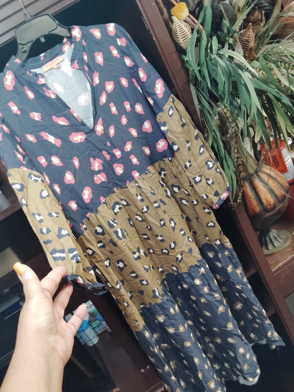Vilagallo Navy and Olive Mixed Print Tiered Maxi Dress